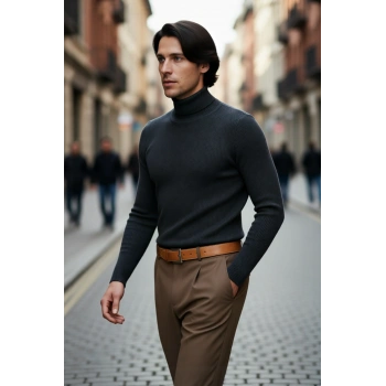 Erkek Fitted Balıkçı Yaka Fitilli Uzun Kollu Kazak Günlük Şıklığı ve Kış Konforunu Birleştirir