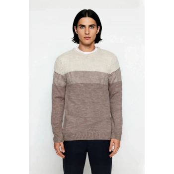 Erkek Fitted Bisiklet Yaka Uzun Kollu Renk Bloklu Akrilik Triko Kazak Günlük Şıklık İçin İdeal