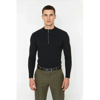 Erkek Fitted Dik Yaka Fermuarlı Fitilli Triko Kazak Kış Sezonu İçin Şık Ve Rahat Pamuk Polyester