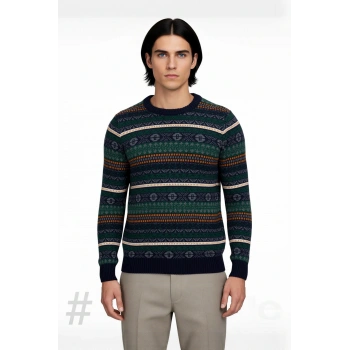 Erkek Fitted Kalın Triko Bisiklet Yaka Etnik Desenli Standart Kollu Kışlık Kazak Gündelik Şıklık