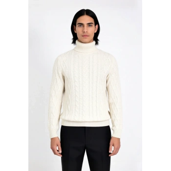 Erkek Fitted Kalıp Triko Balıkçı Yaka Saç Örgü Desenli Kalın Standart Kol Günlük Şık Kazak