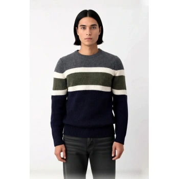 Erkek Fitted Kesim Bisiklet Yaka Renk Bloklu Kalın Triko Kazak Günlük Kombinler İçin İdeal Seçim.