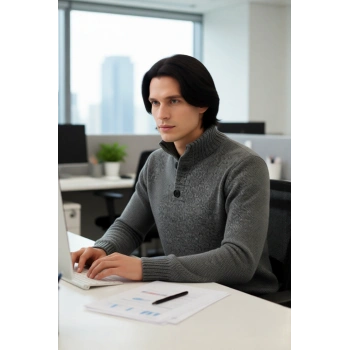 Erkek Gri Kalın Triko Düğmeli Dik Yaka Kazak Casual Ortamlar İçin Konforlu ve Şık Tasarım Kaliteli