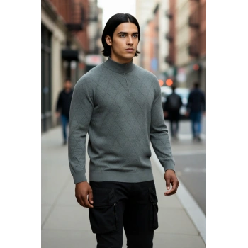 Erkek Gri Regular Fit Yarım Fermuarlı Dik Yaka Baklava Triko Kazak Kışlık Günlük Şıklık İçin