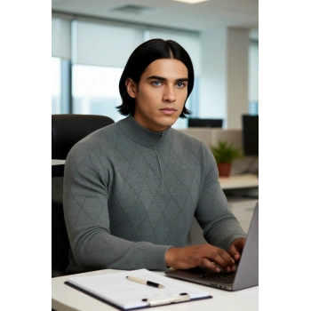 Erkek Gri Regular Kalıp Pamuklu Triko Baklava Desenli Yarım Fermuarlı Dik Yaka Kış Kazak Kaliteli