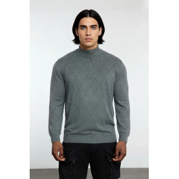 Erkek Gri Regular Kesim Yarım Fermuarlı Dik Yaka Baklava Desenli Triko Kışlık Uzun Kol Kazak