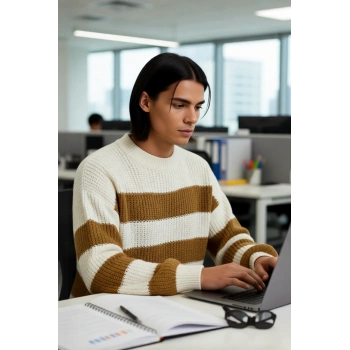 Erkek Günlük Kullanım İçin Şık Çizgili Bisiklet Yaka Akrilik Uzun Kollu Oversize Triko Kazak