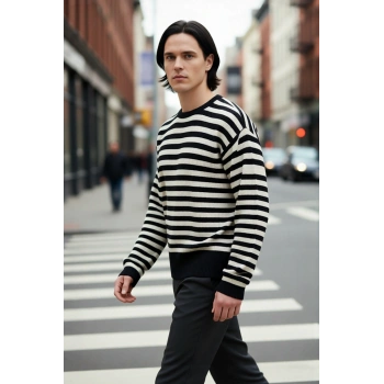 Erkek Günlük Oversize Bisiklet Yaka Çizgili Triko Kazak Standart Uzun Kol Fitilli Dokuma Kaliteli