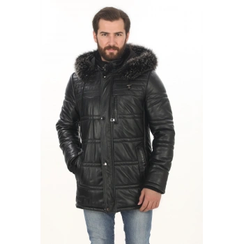 Erkek Günlük Şıklık İçin Derimont Parka Erkek Hakiki Kuzu Derisi Mont Kapüşonlu Kürklü Kaban
