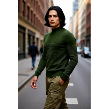 Erkek Haki Renk Yüksek Yaka Triko Kazak Dokulu Deseniyle Sonbahar Kış Şıklığını Yakalayın Kaliteli