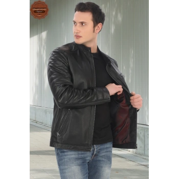 Hakiki Kuzu Derisi Ceket Siyah Biker Mont Kapitone Kollu Slim Fit El Yapımı Derimont