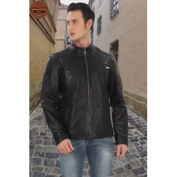 Hakiki Kuzu Derisi Derimont Siyah Ceket Fermuarlı Cepli El Yapımı Motorcu Tarzı Slim Fit
