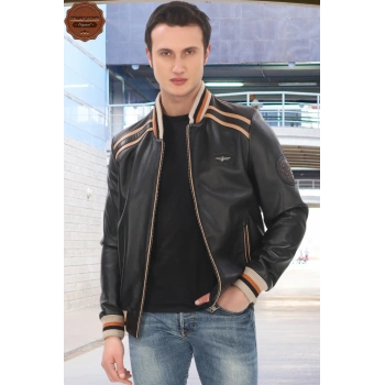 Hakiki Kuzu Derisi Bomber Ceket Şerit Detaylı Şık Siyah Varsity Derimont El Yapımı Rahat Ceket