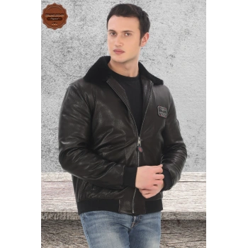 Erkek Hakiki Kuzu Derisi Bomber Ceket Siyah Fermuarlı Kürklü Yaka Kışlık Deri Pilot Mont