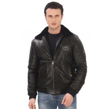Erkek Hakiki Kuzu Derisi Bomber Ceket Siyah Fermuarlı Kürklü Yaka Mont Kışlık Deri Pilot Dış Giyim