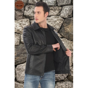 Hakiki Kuzu Derisi Ceket Şık Siyah Fermuarlı Deri Mont Klasik Düz Yaka El Yapımı Deri Ceket