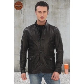 Erkek Hakiki Kuzu Derisi Ceket Siyah Şık ve Klasik Derimont Düğmeli ve Fermuarlı