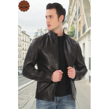 Erkek Hakiki Kuzu Derisi Derimont Ceket Slim Fit Siyah Fermuarlı
