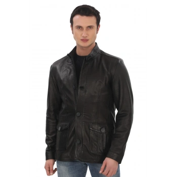 Erkek Hakiki Kuzu Derisi Ceket Siyah Şık ve Klasik Deri Mont Düğmeli ve Fermuarlı Modern Tasarım