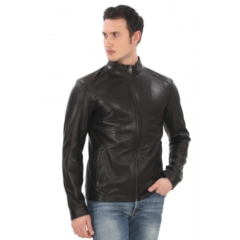 Erkek Hakiki Kuzu Derisi Ceket Slim Fit Siyah Fermuarlı Deri Mont Tarz Şık ve Modern Tasarım