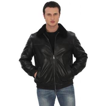 Erkek Hakiki Kuzu Derisi Mont Siyah Kürklü Bomber Deri Ceket Kışlık Sıcak ve Şık Dış Giyim