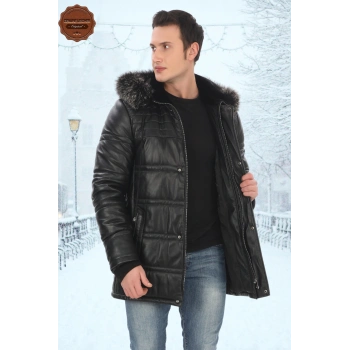 Erkek Hakiki Kuzu Derisi Kışlık Parka Kapüşonlu Kürklü Deri Mont Şişme Mont Deri Kaban