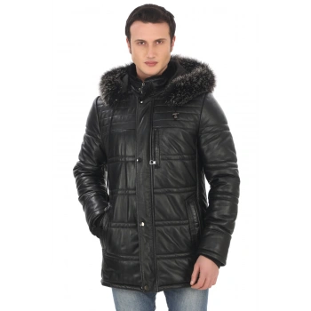 Erkek Hakiki Kuzu Derisi Kışlık Parka Kapüşonlu Kürklü Deri Mont Şişme Mont Gerçek Deri Kaban