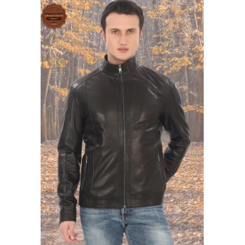 Erkek Hakiki Kuzu Derisi Mont Slim Fit Siyah Biker Ceket Fermuarlı Dik Yaka Derimont