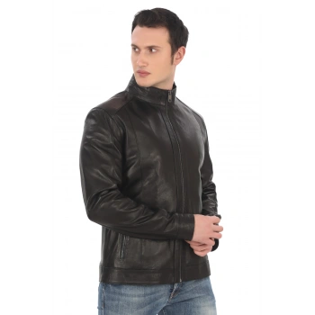 Erkek Hakiki Kuzu Derisi Mont Slim Fit Siyah Biker Ceket Fermuarlı Dik Yaka Deri Dış Giyim