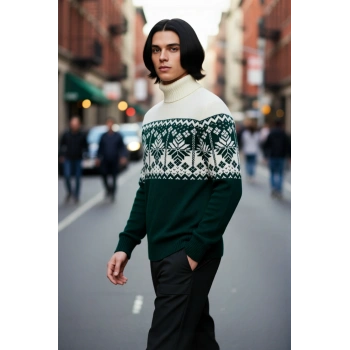 Erkek Kalın Triko Regular Kesim Balıkçı Yaka Panelli Etnik Desen Kazak Sonbahar Kış Stili İçin