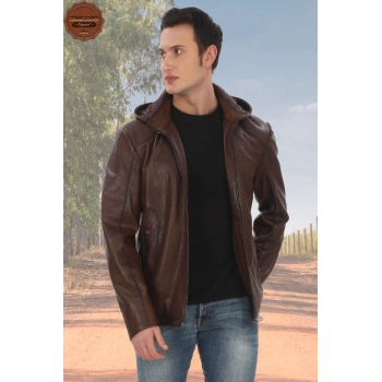 Hakiki Kuzu Derisi Çıkarılabilir Kapüşonlu Ceket Kahverengi Fermuarlı Rahat Günlük Deri Mont