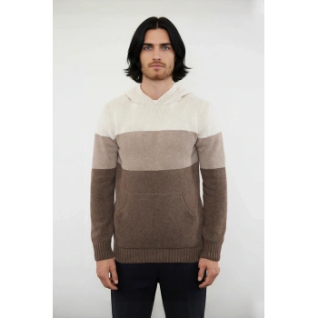 Erkek Kapüşonlu Regular Kalıp Renk Bloklu Kanguru Cepli Uzun Kollu Triko Kazak Günlük Stilinize Özel