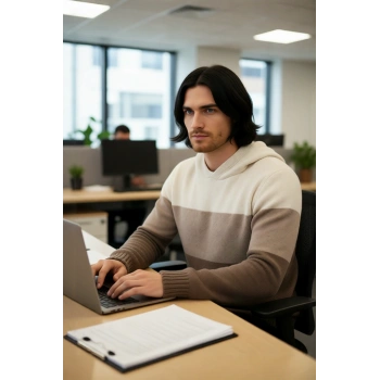 Erkek Kapüşonlu Regular Kalıp Renk Bloklu Triko Kazak Kanguru Cepli Uzun Kollu Kış Şıklığı