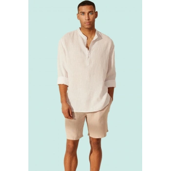 Erkek Keten Basic Gömlek Hakim Yaka Uzun Kollu Rahat Günlük Kullanım Yaz Aylarının Vazgeçilmezi