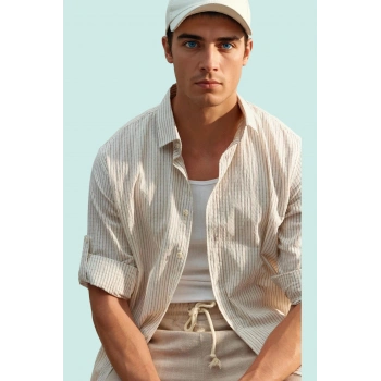 Erkek Keten Karışımlı Çizgili Gömlek Regular Fit Yaka Casual Günlük Yaz Aylarının Vazgeçilmezi