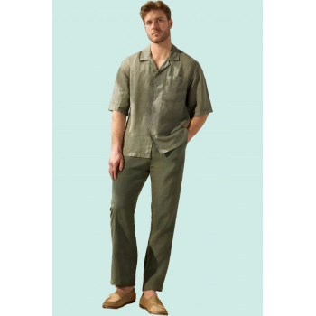 Erkek Keten Oversize Fit Gömlek Apaş Yaka Düz Desen Kısa Kol Yaz Aylarının Vazgeçilmezi Hafta Sonu