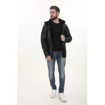 Erkek Kış Konforu Derimont Hakiki Kuzu Derisi Erkek Mont Kürklü Kapüşonlu Deri Erkek Kaban