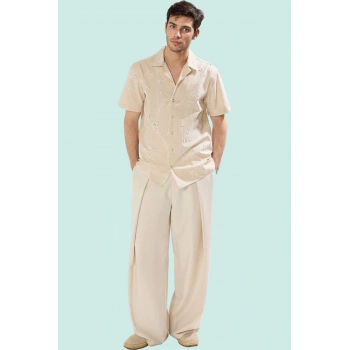 Erkek Kısa Kollu Apaş Yaka Çiçekli Desenli Brode Gömlek Pamuk Günlük Kullanım Modern Tasarım