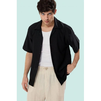 Erkek Kısa Kollu Apaş Yaka Dokulu Örme Gömlek Rahat Kalıp Günlük Kullanım Kaliteli Malzeme