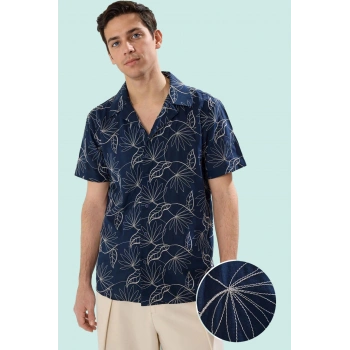 Erkek Kısa Kollu Nakışlı Apaş Yaka Gömlek Pamuklu Günlük Kullanım Yaz Aylarının Vazgeçilmezi