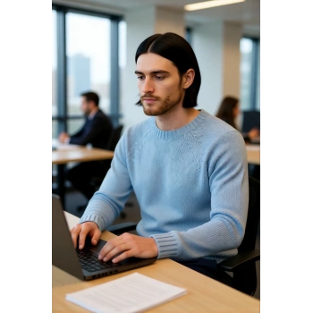 Erkek Mavi Bisiklet Yaka Fitted Seamless Reglan Kol Akrilik Triko Kazak Modern Şıklık Rahatlık