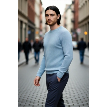 Erkek Mavi Fitted Akrilik Bisiklet Yaka Reglan Kol Basic Triko Kazak Günlük Şıklık Konforu