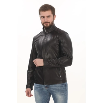 Erkek Minimal ve Çekici Derimont Ceket Erkek Hakiki Kuzu Derisi Slim Fit Siyah Mont