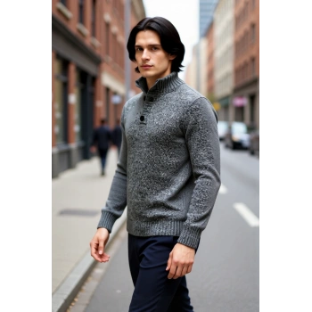 Erkek Modern Düğmeli Dik Yaka Fitted Kalıp Triko Kazak Soğuk Kış Günleri İçin İdeal Şık Seçim
