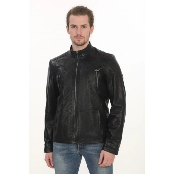 Erkek Motorcu Ruhuna Hitap Eden Derimont Slim Fit Hakiki Kuzu Derisi Siyah Erkek Deri Ceket