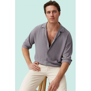 Erkek Oversize Apaş Yaka Uzun Kollu Gömlek Basic Siluet Günlük Kullanım Yaz Aylarının Vazgeçilmezi