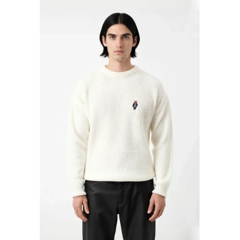 Erkek Oversize Bisiklet Yaka Ayı Nakışlı Selanik Dokuma Uzun Kollu Kışlık Triko Kazak Kaliteli