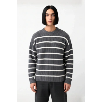 Erkek Oversize Bisiklet Yaka Çizgili Selanik Dokuma Kalın Akrilik Kışlık Kazak Konforlu Stil