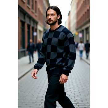 Erkek Oversize Bisiklet Yaka Ekose Desenli Kalın Triko Kazak Soğuk Havalarda Konforlu ve Şık
