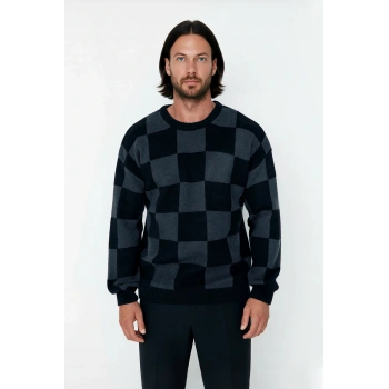 Erkek Oversize Bisiklet Yaka Ekose Kareli Triko Kazak Kışlık Kalın Yapısıyla Günlük Şıklık Sunar